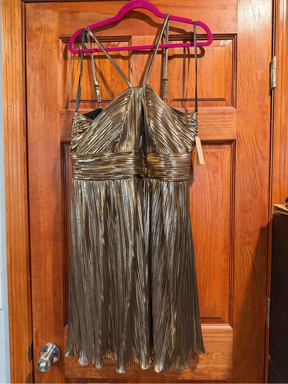 City Studio Metallic Gold Pleated Midi Dress